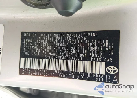 2016 Toyota Corolla L from USA, damaged, VIN 5YFBURHE8GP534574